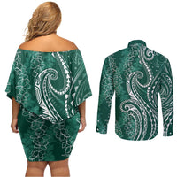 Polynesia Plumeria Lei Couples Matching Off Shoulder Short Dress and Long Sleeve Button Shirt Sage Green Curves Motif LT7 - Polynesian Pride