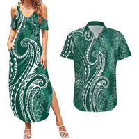 Polynesia Plumeria Lei Couples Matching Summer Maxi Dress and Hawaiian Shirt Sage Green Curves Motif