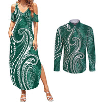 Polynesia Plumeria Lei Couples Matching Summer Maxi Dress and Long Sleeve Button Shirt Sage Green Curves Motif LT7 Dark Green - Polynesian Pride