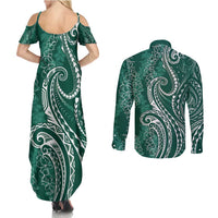 Polynesia Plumeria Lei Couples Matching Summer Maxi Dress and Long Sleeve Button Shirt Sage Green Curves Motif LT7 - Polynesian Pride