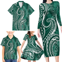 Polynesia Plumeria Lei Family Matching Long Sleeve Bodycon Dress and Hawaiian Shirt Sage Green Curves Motif