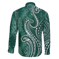 Polynesia Plumeria Lei Family Matching Off The Shoulder Long Sleeve Dress and Hawaiian Shirt Sage Green Curves Motif