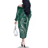 Polynesia Plumeria Lei Family Matching Off The Shoulder Long Sleeve Dress and Hawaiian Shirt Sage Green Curves Motif