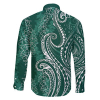 Polynesia Plumeria Lei Family Matching Off Shoulder Short Dress and Hawaiian Shirt Sage Green Curves Motif