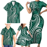 Polynesia Plumeria Lei Family Matching Short Sleeve Bodycon Dress and Hawaiian Shirt Sage Green Curves Motif