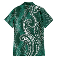 Polynesia Plumeria Lei Family Matching Short Sleeve Bodycon Dress and Hawaiian Shirt Sage Green Curves Motif