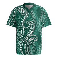 Polynesia Plumeria Lei Rugby Jersey Sage Green Curves Motif