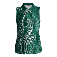 Polynesia Plumeria Lei Women Sleeveless Polo Shirt Sage Green Curves Motif LT7 Female Dark Green - Polynesian Pride