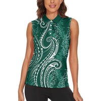 Polynesia Plumeria Lei Women Sleeveless Polo Shirt Sage Green Curves Motif LT7 - Polynesian Pride
