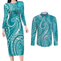 Polynesia Plumeria Lei Couples Matching Long Sleeve Bodycon Dress and Long Sleeve Button Shirt Teal Curves Motif LT7 Teal - Polynesian Pride