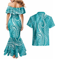 Polynesia Plumeria Lei Couples Matching Mermaid Dress and Hawaiian Shirt Teal Curves Motif