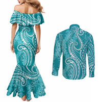 Polynesia Plumeria Lei Couples Matching Mermaid Dress and Long Sleeve Button Shirt Teal Curves Motif LT7 - Polynesian Pride