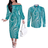Polynesia Plumeria Lei Couples Matching Off The Shoulder Long Sleeve Dress and Long Sleeve Button Shirt Teal Curves Motif LT7 Teal - Polynesian Pride