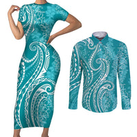 Polynesia Plumeria Lei Couples Matching Short Sleeve Bodycon Dress and Long Sleeve Button Shirt Teal Curves Motif LT7 Teal - Polynesian Pride