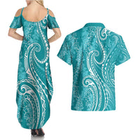 Polynesia Plumeria Lei Couples Matching Summer Maxi Dress and Hawaiian Shirt Teal Curves Motif LT7 - Polynesian Pride