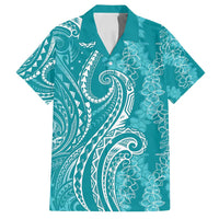 Polynesia Plumeria Lei Family Matching Long Sleeve Bodycon Dress and Hawaiian Shirt Teal Curves Motif