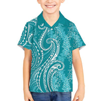 Polynesia Plumeria Lei Family Matching Long Sleeve Bodycon Dress and Hawaiian Shirt Teal Curves Motif