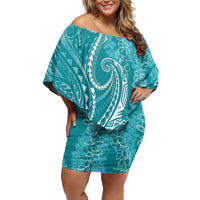 Polynesia Plumeria Lei Family Matching Off Shoulder Short Dress and Hawaiian Shirt Teal Curves Motif