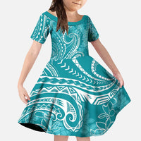 Polynesia Plumeria Lei Family Matching Short Sleeve Bodycon Dress and Hawaiian Shirt Teal Curves Motif