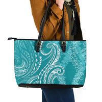 Polynesia Plumeria Lei Leather Tote Bag Teal Curves Motif LT7 - Polynesian Pride
