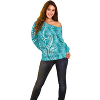 Polynesia Plumeria Lei Off Shoulder Sweater Teal Curves Motif