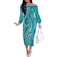 Polynesia Plumeria Lei Off The Shoulder Long Sleeve Dress Teal Curves Motif