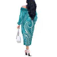 Polynesia Plumeria Lei Off The Shoulder Long Sleeve Dress Teal Curves Motif