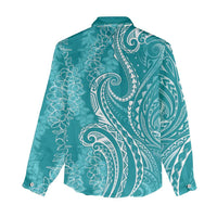 Polynesia Plumeria Lei Women Casual Shirt Teal Curves Motif