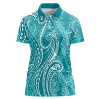 Polynesia Plumeria Lei Women Polo Shirt Teal Curves Motif