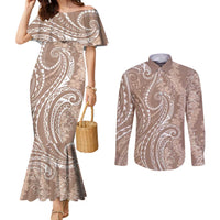 Polynesia Plumeria Lei Couples Matching Mermaid Dress and Long Sleeve Button Shirt Beige Curves Motif LT7 Beige - Polynesian Pride