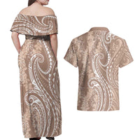 Polynesia Plumeria Lei Couples Matching Off Shoulder Maxi Dress and Hawaiian Shirt Beige Curves Motif LT7 - Polynesian Pride