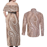 Polynesia Plumeria Lei Couples Matching Off Shoulder Maxi Dress and Long Sleeve Button Shirt Beige Curves Motif