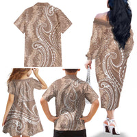 Polynesia Plumeria Lei Family Matching Off The Shoulder Long Sleeve Dress and Hawaiian Shirt Beige Curves Motif