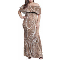 Polynesia Plumeria Lei Family Matching Off Shoulder Maxi Dress and Hawaiian Shirt Beige Curves Motif