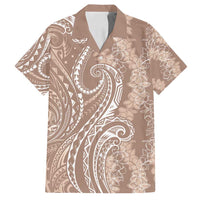 Polynesia Plumeria Lei Family Matching Off Shoulder Short Dress and Hawaiian Shirt Beige Curves Motif