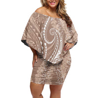 Polynesia Plumeria Lei Family Matching Off Shoulder Short Dress and Hawaiian Shirt Beige Curves Motif