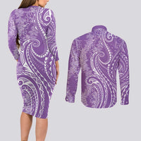 Polynesia Plumeria Lei Couples Matching Long Sleeve Bodycon Dress and Long Sleeve Button Shirt Periwinkle Curves Motif LT7 - Polynesian Pride