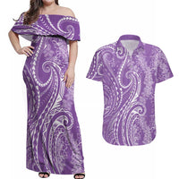 Polynesia Plumeria Lei Couples Matching Off Shoulder Maxi Dress and Hawaiian Shirt Periwinkle Curves Motif LT7 Periwinkle - Polynesian Pride