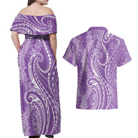 Polynesia Plumeria Lei Couples Matching Off Shoulder Maxi Dress and Hawaiian Shirt Periwinkle Curves Motif LT7 - Polynesian Pride