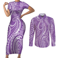 Polynesia Plumeria Lei Couples Matching Short Sleeve Bodycon Dress and Long Sleeve Button Shirt Periwinkle Curves Motif LT7 Periwinkle - Polynesian Pride