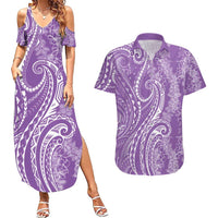Polynesia Plumeria Lei Couples Matching Summer Maxi Dress and Hawaiian Shirt Periwinkle Curves Motif LT7 Periwinkle - Polynesian Pride