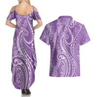 Polynesia Plumeria Lei Couples Matching Summer Maxi Dress and Hawaiian Shirt Periwinkle Curves Motif LT7 - Polynesian Pride