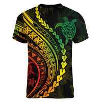 Polynesian Pride Women V Neck T Shirt Turtle Hibiscus Luxury Style - Reggae Ver2 LT7 - Polynesian Pride