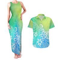 Polynesia Couples Matching Tank Maxi Dress and Hawaiian Shirt Plumeria Blue Gradient Curves LT7 Blue Green - Polynesian Pride