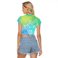 Polynesia Raglan Cropped T Shirt Plumeria Blue Gradient Curves LT7 - Polynesian Pride