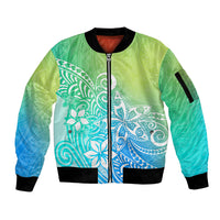 Polynesia Sleeve Zip Bomber Jacket Plumeria Blue Gradient Curves LT7 Unisex Blue Green - Polynesian Pride