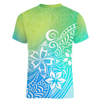 Polynesia Women V Neck T Shirt Plumeria Blue Gradient Curves LT7 - Polynesian Pride
