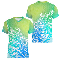 Polynesia Women V Neck T Shirt Plumeria Blue Gradient Curves LT7 - Polynesian Pride