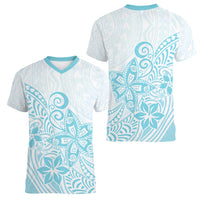 Polynesia Women V Neck T Shirt Plumeria Turquoise Curves LT7 - Polynesian Pride