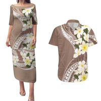 Aloha Hawaii Festive Couples Matching Puletasi and Hawaiian Shirt Frangipani Lace Classic - Beige LT7 Beige - Polynesian Pride